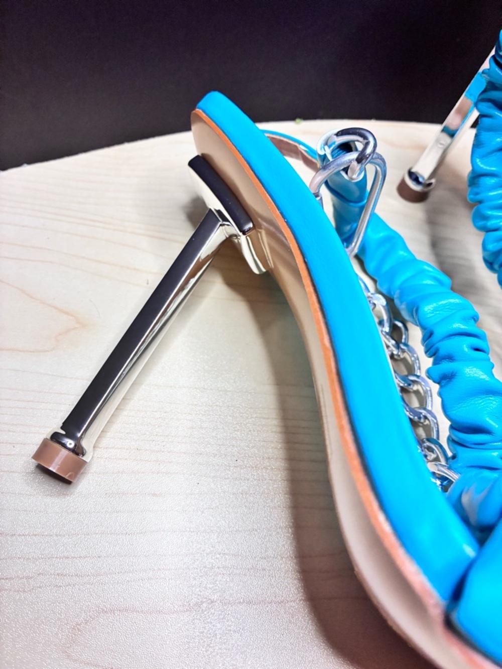 Turquoise Ruched Chain Strap Square-Toe Heels - Picture 4 of 7
